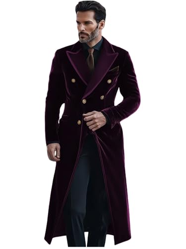 Casual Men's Velvet Long Coat Peak Lapel Long Jacket Fashion Double Breasted Long Coat for Outdoor Wear