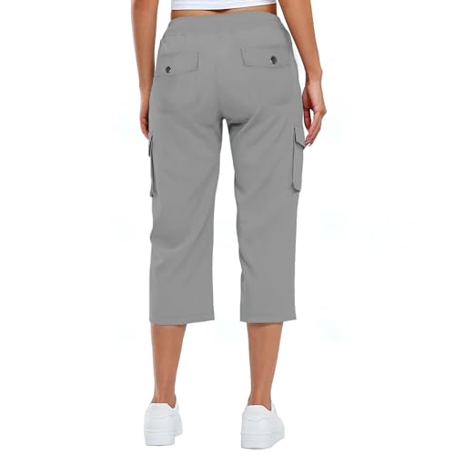 Womens Cargo Capris Drawstring Elastic Waist Wide Leg Cropped Cargo Pants with 6 Pockets Casual Travel Hiking Pants4