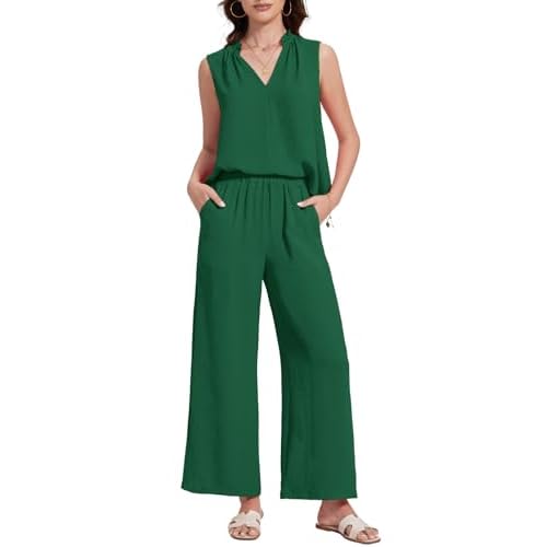 ROYLAMP 2025 Women'S Summer 2 Piece Outfits Sleeveless Ruffled V Neckline Tops High Waisted Pants Sets Small Amy Green