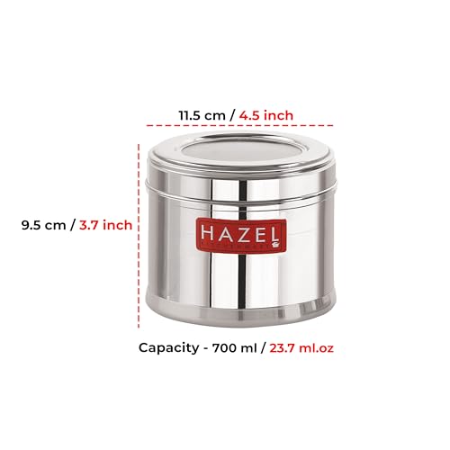 Image of HAZEL Stainless Steel Containers for Kitchen | Top See Through Stainless Steel Airtight Masala Box for Kitchen Storage with Airtight Lid, 700 ML