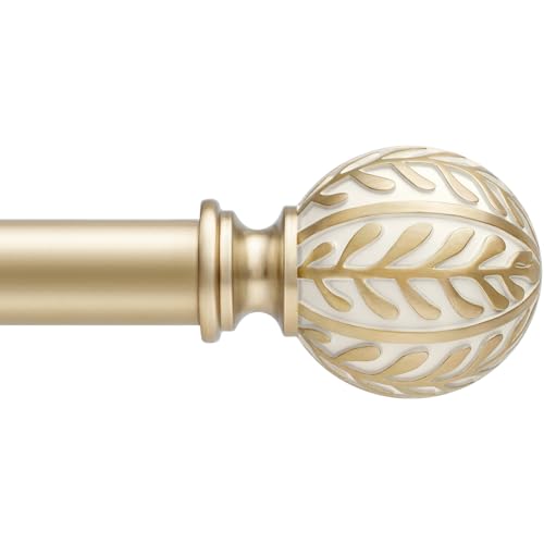 Houmiggle Wood Curtain Rods for Windows 48 to 84 1 Inch Heavy Duty Boho Drapery Rods with Imitation Wood Grain olive leaf motif Finials Rustic Decorative Curtain Pole set 32-86 Champagne Gold