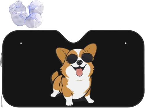 車用サンシェード かわいい コーギー 犬柄 (2) アニメキャラクター フロントサンシェード 日除け 軽自動車 吸盤 UVカット 車窓日よけ 紫外線カット 日焼け防止 簡単取り付け 車用品 プレゼント 140×76cm