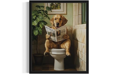 Image of Labrador Retriever on Toilet Black Framed Wall Art Print Poster, Dog Bathroom Humor Decor Posters Prints for Restroom Home Picture Painting Artwork Gallery 7 (Labrador Retriever, 20 inchL x 16 inchW, Black Frame)