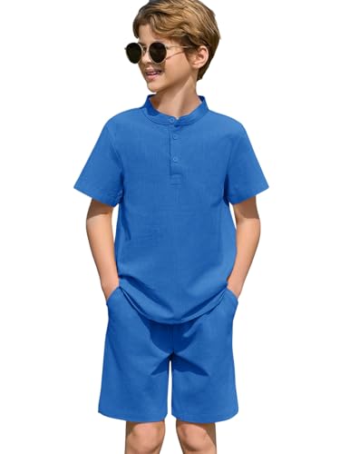 Image of Haloumoning Boys 2 Piece Cotton Set Kids Casual Henley Shirts Short Sleeve Beach Shorts Summer Outfits 5-14 Years