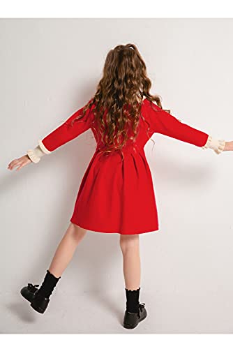Smiling Pinker Girls Dresses Ruffle Peter Pan Collar Sweater Long Sleeve Knit Pleated Dress (Red,7-8 Years) #TOP5