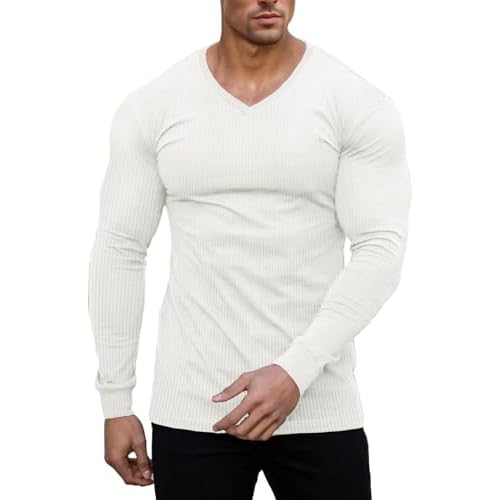 Muscle Cmdr Men's V Neck Muscle Shirt Casual Ribbed Slim Fit Long Sleeve Tee Workout Shirts Athletic Gym Henley Undershirts Long Sleeve Small A-white