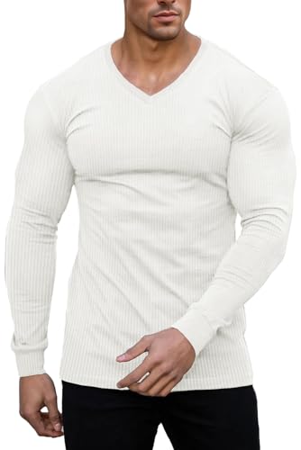 Muscle Cmdr Camiseta Térmica Ajustada de Manga Larga con Cuello en V para Hombre,Estilo Informal,Acanalada,Ligera, para Uso Interior Blanco S
