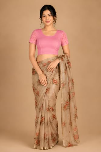 Image of Abhi Cotton Readymade Saree Blouse for Women- Half Net Sleeves, Round Neck, Regular-fit, Stretchable, Pull-on Style Blouse