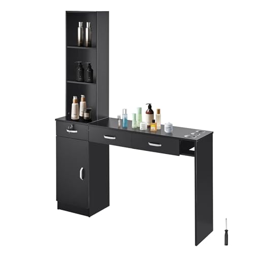 VEVOR Salon Station, Wall Mount Barber Salon Station for Hair Stylist, Beauty Spa Furniture Set, 1 Storage Cabinet, 3 Open Cubbies and 3 Drawers(One Lockable), Black
