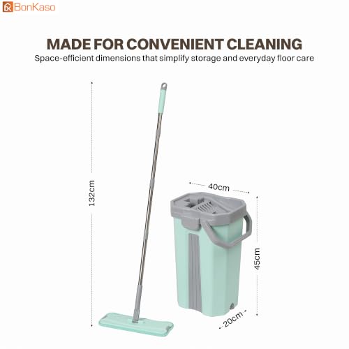 Image of BonKaso Telescopic Flat Mop & Bucket Set with Hands-Free Squeeze System, Microfiber Floor Cleaning Mop for Wet & Dry Cleaning | Includes 2 Reusable Pads for Home, Kitchen, Bathroom & Office | Green