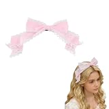 Fosrisix Pink Bow Lolita Headdress with Alligator Clips, Cute Bow Tie Hair Band, Ruffled White Lace Headband, Maid Hair Accessory for Coslplay Costume Dress Up Tea Party