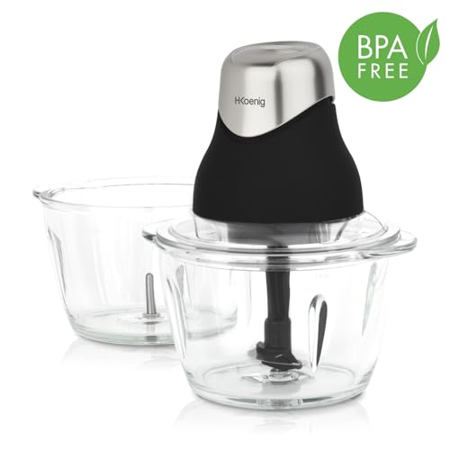 H.Koenig Multi-Zerkleinerer LEO9 für Gemüse, Zwiebeln und Nüsse, elektrisch, Edelstahlklingen, 1x Glasschale, einfache Handhabung, Deckel für Frischehaltung,Schwarz