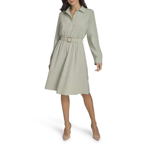 Image of Calvin Klein Women's Long Sleeve Collared Buckle Belted Knee Length Shirtdress