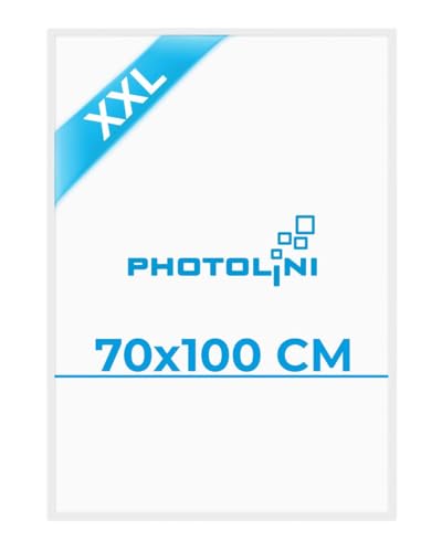PHOTOLINI Bilderrahmen 70x100 Weiß, großer Bilderrahmen 70x100 Holz MDF, Poster Rahmen 100x70 XXL mit bruchsicherem Acrylglas zum Aufhängen & Zubehör - Picture Frame für Poster, Fotos & Puzzle