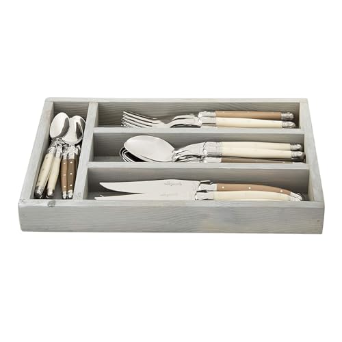 Jean Dubost Laguiole 24-Piece Everyday Flatware Set, Linen Handles - Rust-Resistant Stainless Steel - Includes Wooden Tray - Made in France
