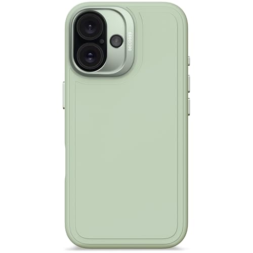 DECODED Coque en Silicone pour iPhone 16, Toucher Doux, revêtement antibactérien, Compatible MagSafe, Protection Contre Les Chutes et Les Chocs, Boutons métalliques, Prise en Main Solide, Vert Brume