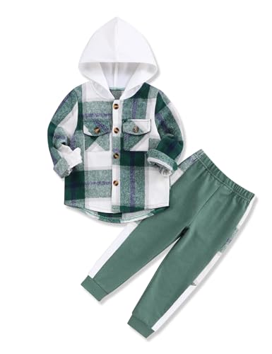 Image of Fuermos Toddler Baby Boys Clothes Flannel Lattice Button Down Hooded Tops +Pants Boys Fall Winter Outfits