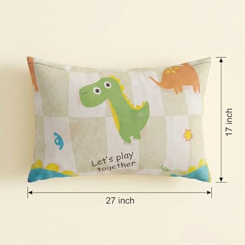 Image of Filymore Kids Dinosaur Bedsheet Single Bed | Cartoon Dino Print | 240 TC Microfiber | 90x60 inches | 1 Bedsheet + 1 Pillow Cover | Green & White