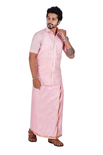 Image of PRAKASAM COTTON-Mens Art Silk Wedding Set /Art Silk 8 Mulam (8-Yard) Dhoti and Stitched Shirt for mens