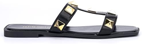 Olivia Miller Women’s Fashion Ladies Shoes, Black PU Vegan Leather w Studded Double Strap Dual Band Slip On Open Toe Trendy Casual Summer Slide Flat Sandals | Image 2