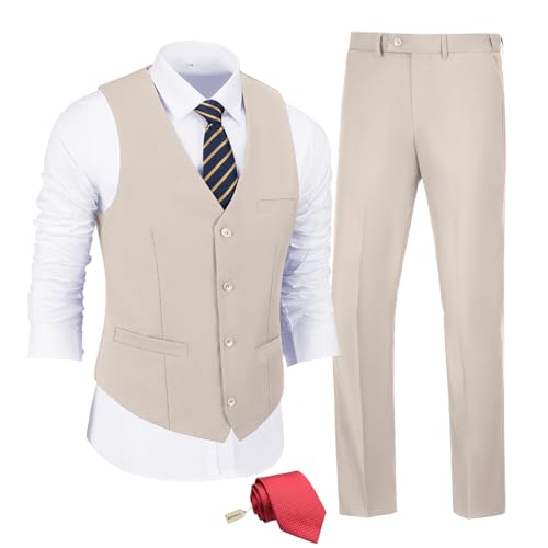 JPF Herren 2-teiliges Slim-Fit-Anzug-Set, solide Weste und Hose, Anzug für Männer mit Krawatte, Light Champagne, L