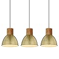 ELYONA 3 Pack Vintage Pendant Light Fixtures 8“ Solid Wood Hanging Lamp Adjustable Mid Century Metal Pendant Lighting for Kitchen Island Farmhouse Dining Living Room Bar Hallway, Brushed Brass