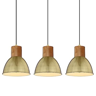 ELYONA 3 Pack Vintage Pendant Light Fixtures 8“ Solid Wood Hanging Lamp Adjustable Mid Century Metal Pendant Lighting for Kitchen Island Farmhouse Dining Living Room Bar Hallway, Brushed Brass