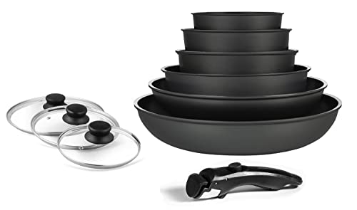 Batterie de cuisine - Casseroles poeles et faitouts - Casserole - Batterie casserole - Set de poeles et casseroles tous feux - Batterie De Cuisine Amovible 10 Pcs Noire Arthur Martin AMD342-Noir