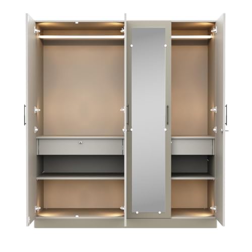 Image of Wakefit Tyrian Plus 4 Door with 4 Shelves 2 Drawers 2 Hanging Areas 1 Mirror SH2-Carcass: Pumic Grey Shutter: Creamy Brown