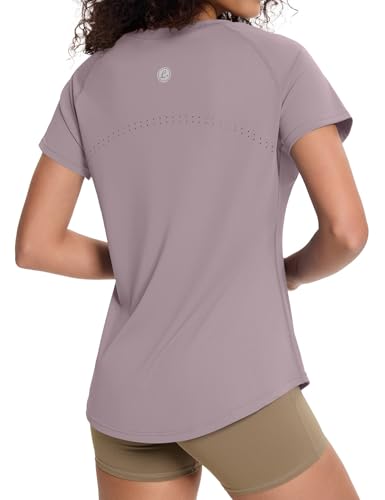 Loovoo Womens Short Sleeve Workout Loose Fit Quick Dry Shirts Comfortable Running Gym Tops for Women Purple Gray S