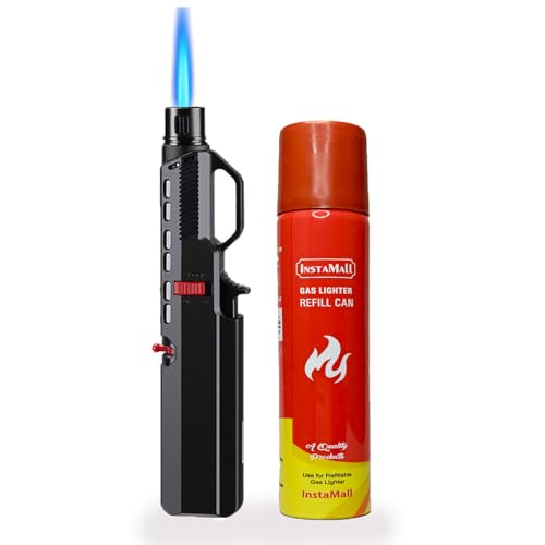 Image of INSTAMALL Windproof Refillable Ignition Flame Torch Butane Lighter with 100ml Gas Refill Can, Multicolor (Flame +Bottle)