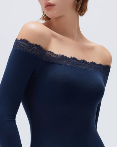 SUUKSESS Cloud Cashmere Women Lace Off Shoulder Long Sleeve Shirt Basic Knit Top2