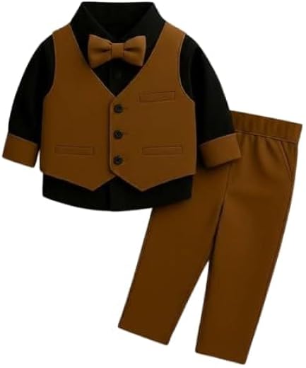 SNSD Kids Formal 3-Piece Suit Set with Bow Tie, Brown and Black, Cotton Spandex Blend, Casual Style for Toddler Boys, Comf...