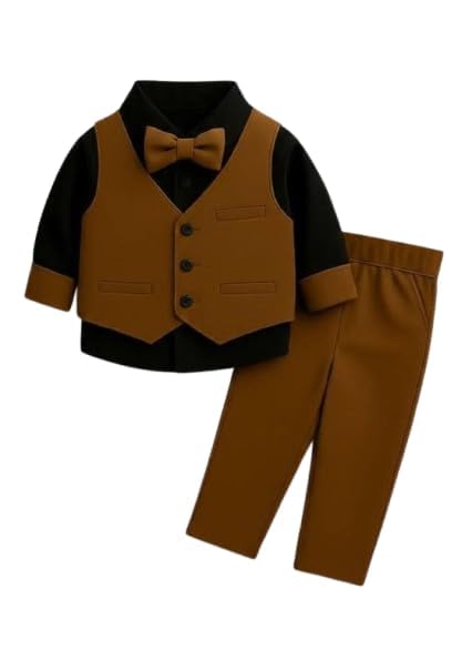 SNSD Kids Formal 3-Piece Suit Set with Bow Tie, Brown and Black, Cotton Spandex Blend, Casual Style for Toddler Boys, Comf... - Review, Price and Buying Guide