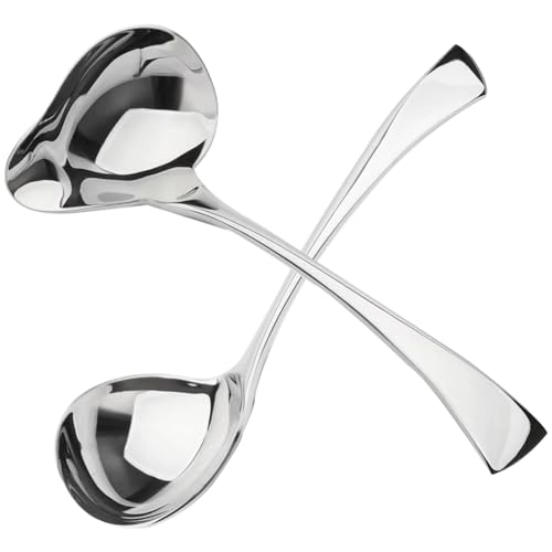 Janasiba 2 cucharones pequeños para salsas, cucharón de salsas con boquilla, mini cucharón de acero inoxidable, apto para lavavajillas, duradero, color plateado