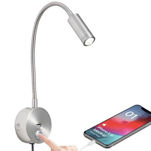 WisHomee Dimmerabile Lampada da Lettura Muro con Porta di Ricarica USB, 3-Colori LED Letto Lampada da Lettura a Parete Flessibile, Lampada da Parete con Spina(Nichel)