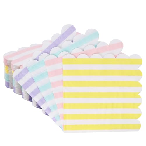 100 Pcs Cocktail Napkins Colorful Stripe Napkins with Scalloped Edges 5 x 5 Inch Dinner Napkins Disposable Thick Paper for Wedding Dinner Birthday Party - Assorted Colors Pink Purple Yellow Blue