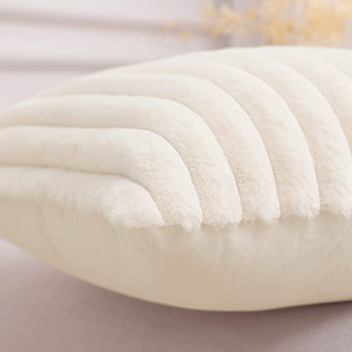 Pallene Faux Fur Plush Lumbar Throw Pillow Covers 12x20 Set of 2, Luxury Soft Fluffy Striped Decorative Pillow Covers for Sofa, Couch, Living Room, Cream White