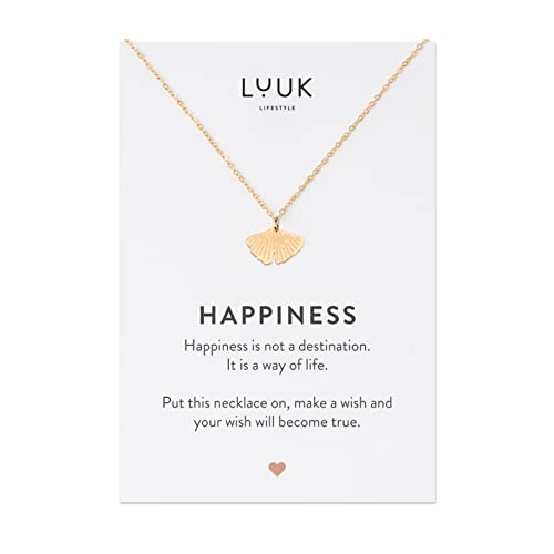 LUUK LIFESTYLE Halskette mit Ginkgo Blatt Anhänger und HAPPINESS Geschenkkarte, modernes, minimalistisches Modeaccessoire, Schmuck zum täglichen Tragen, Glücksbringer für Reise, Prüfung, Gold Cover