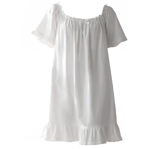 Takingup Chemise de Nuit Vintage Blanche Chemises de Nuit Vintage pour Femmes à Manches Courtes en Coton Blanc - Bord volanté Style Princesse Robe Taille L
