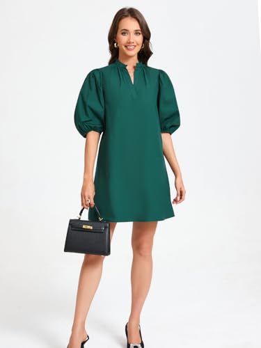 Image of EZAPINE Women Babydoll Mini Dress Summer Casual Cotton V Neck Puff Lantern Sleeve Loose A Line Cute Dress