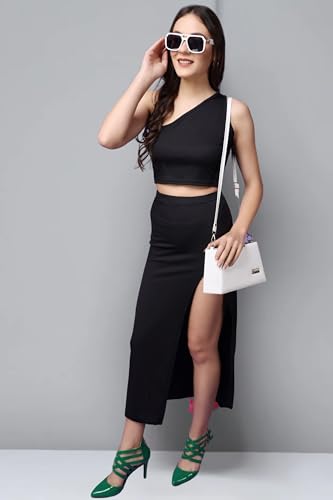 Image of POPWINGS Casual Solid Top and Skirt Co-Ord Set for Women | Stylish Western Co-Ord Set for Women | Crop Top and Long Slit Skirt Set for Women