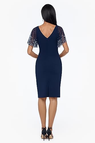 Image of Betsy & Adam Women's Short Ruched Crepe w /Beaded Flutter Sleeve
