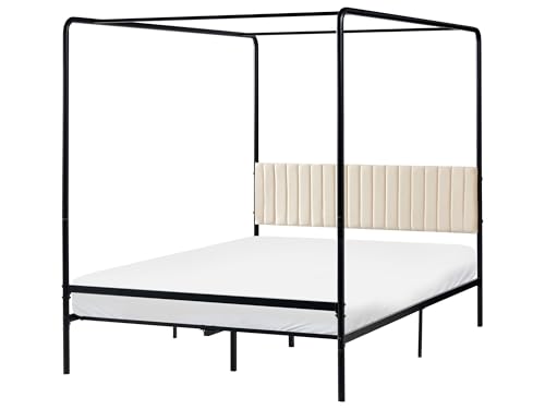 Beliani Cama con Dosel de Metal Doble con Estructura metálica y cabecero tapizado 140 x 200 cm Negro Dannemois