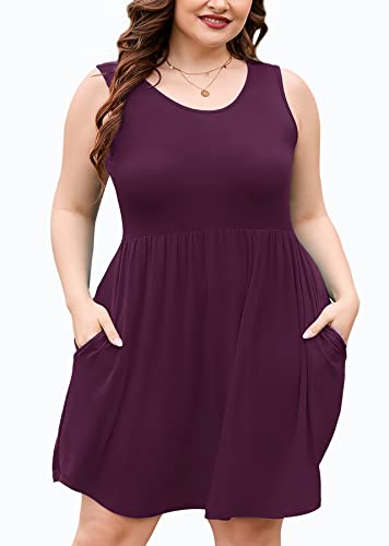 Image of AusLook Plus Size Summer Tank Dress for Women Casual Sleeveless Crewneck Pleated Babydoll Swing Sundresses with Pockets 1X-5X