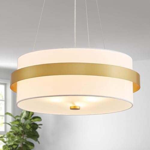 GlowEasely Mid-Century Round Fabric Chandeliers Light Fixtures, 3-Light White Fabric Shade with Gold Metal Band, D17.7*H10~59 inch (Height Adjustable), for Living Room, Bedroom, Dining Room