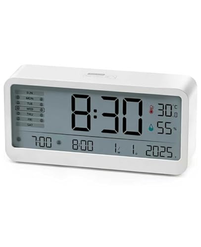 Wecker Digital mit großen Zahlen, LCD Wecker mit Temperatur- & Luftfeuchtigkeitsanzeige, Helligkeit regelbar, 2 getrennte Weckzeiten, Snooze Funktion, 12/24HR Format, Immer eingeschaltetes Display