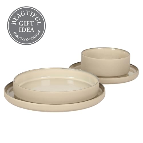 Image of Gibson Elite Liberty Bay 16-Piece Pottery Clay Stoneware Dinnerware Set - Taupe Reactive Glaze, Stackable Plates and Bowls W /Pasta Bowl, Service for 4 - Microwave & Dishwasher Safe