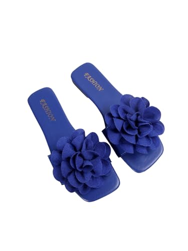 OYOANGLE Womens 3D Floral Leather Slide Sandals Square Open Toe Comfortable Dressy Slip on Flat Sandal Royal Blue 9.5