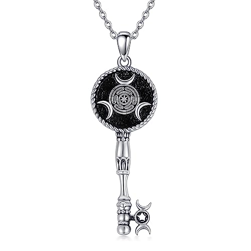 YAFEINI Hecate/Triple Moon Goddess Necklace Sterling Silver Wheel of Hecate Key Pendant Wiccan Amulet Jewelry Gifts for Women